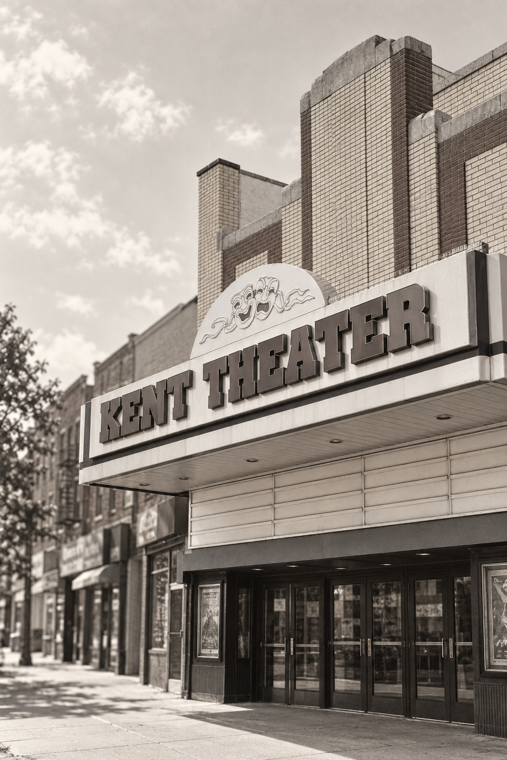 Photographic study of Kent Theater’s brick facade and horizontal marquee