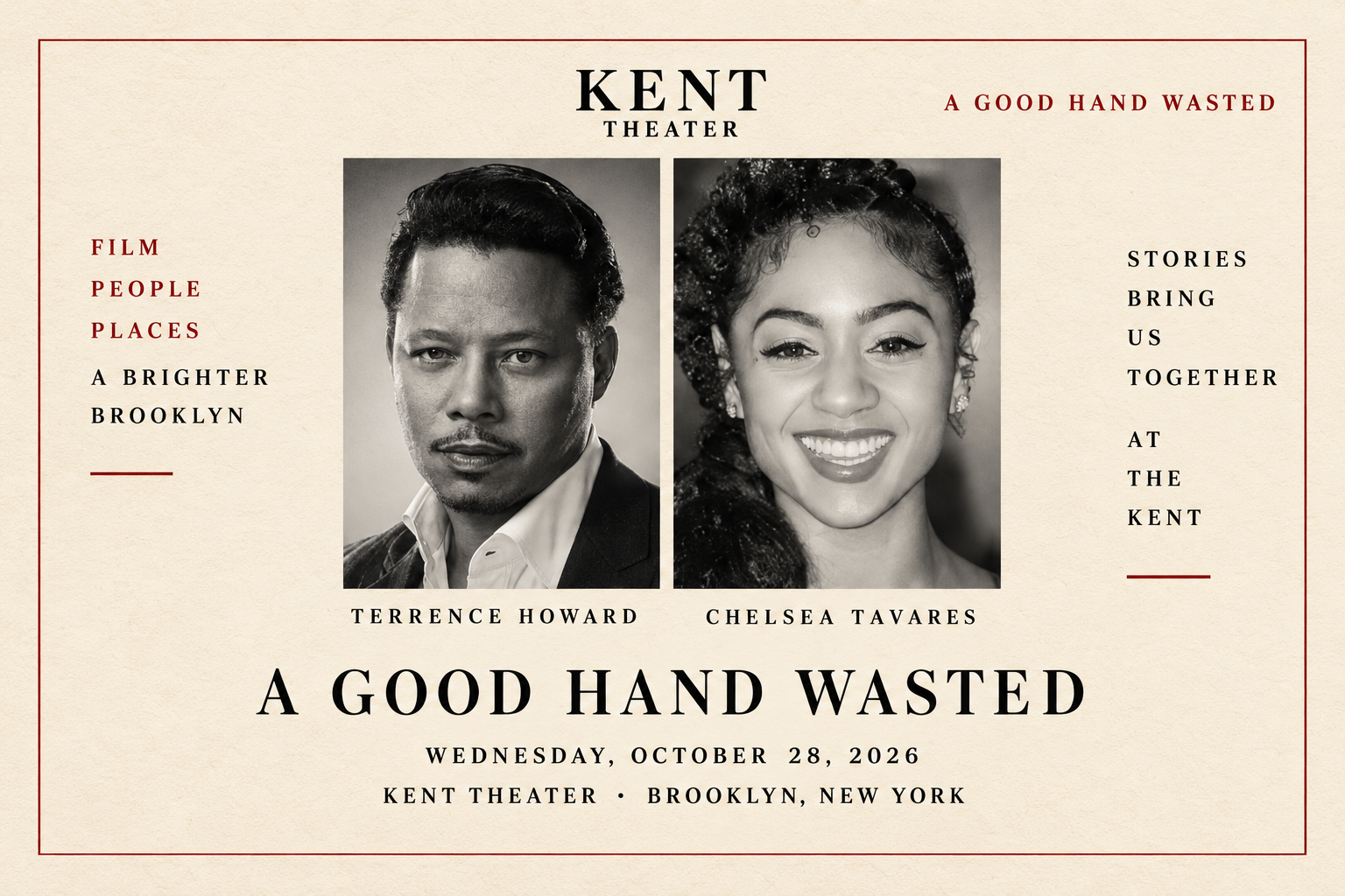 A Good Hand Wasted premiere print with Terrence Howard and Chelsea Tavares portraits, dated October 28, 2026