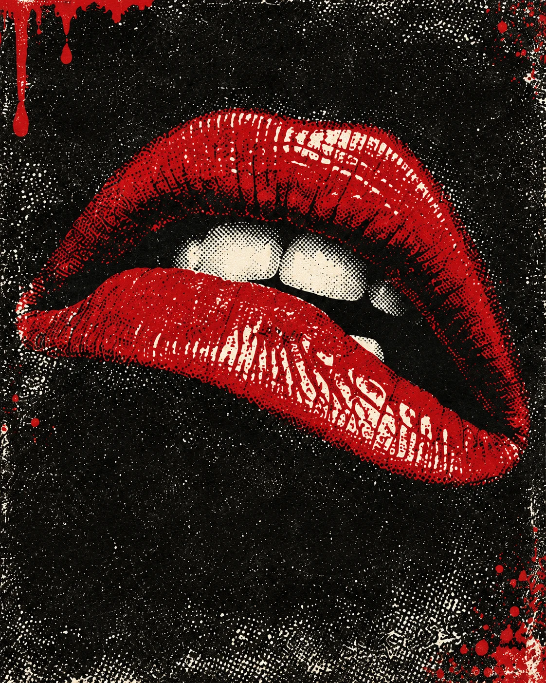 Crimson Rocky Horror lips on distressed black screenprinted paper